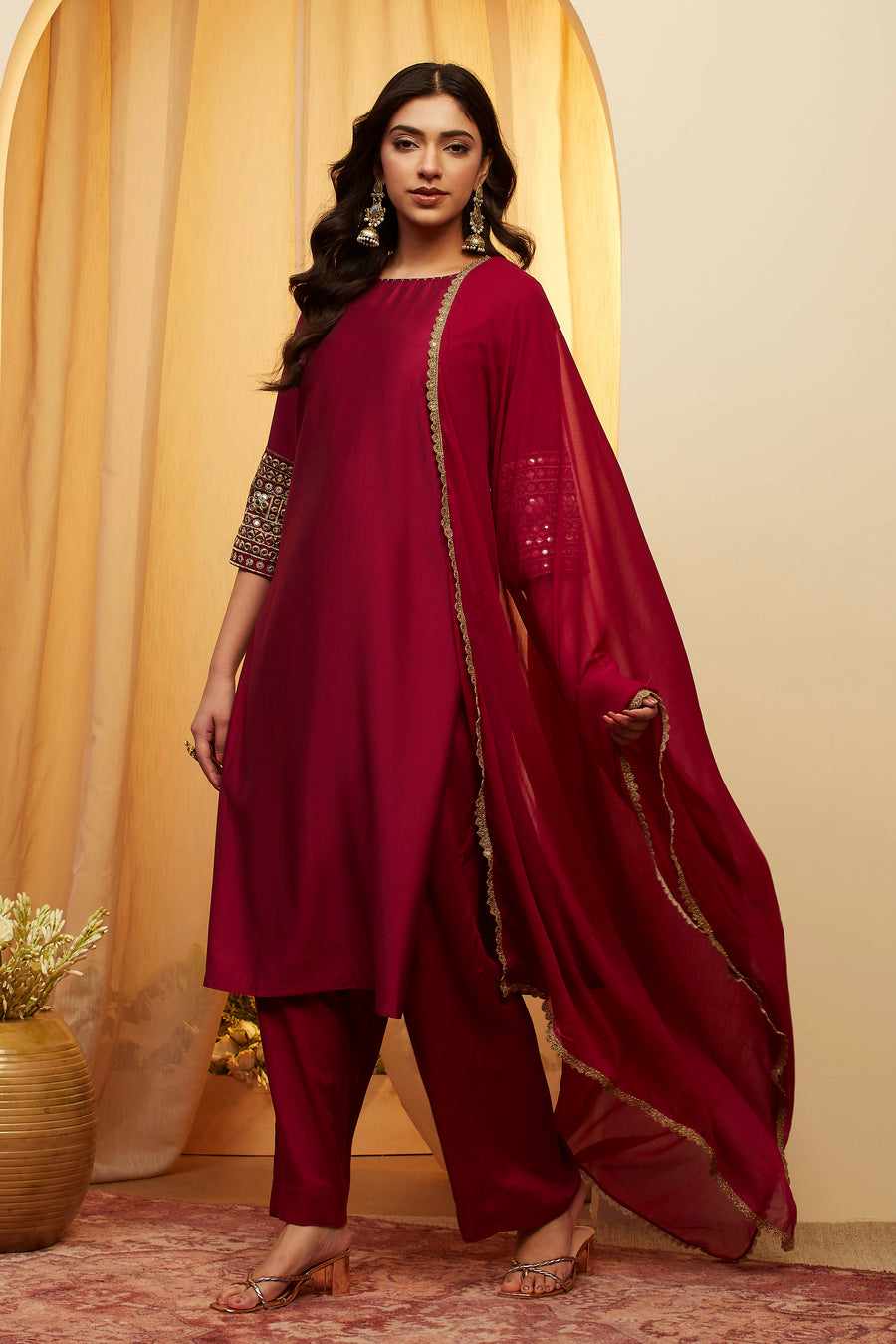 Wine Solid Straight Viscose Blend Kurta Set KS60