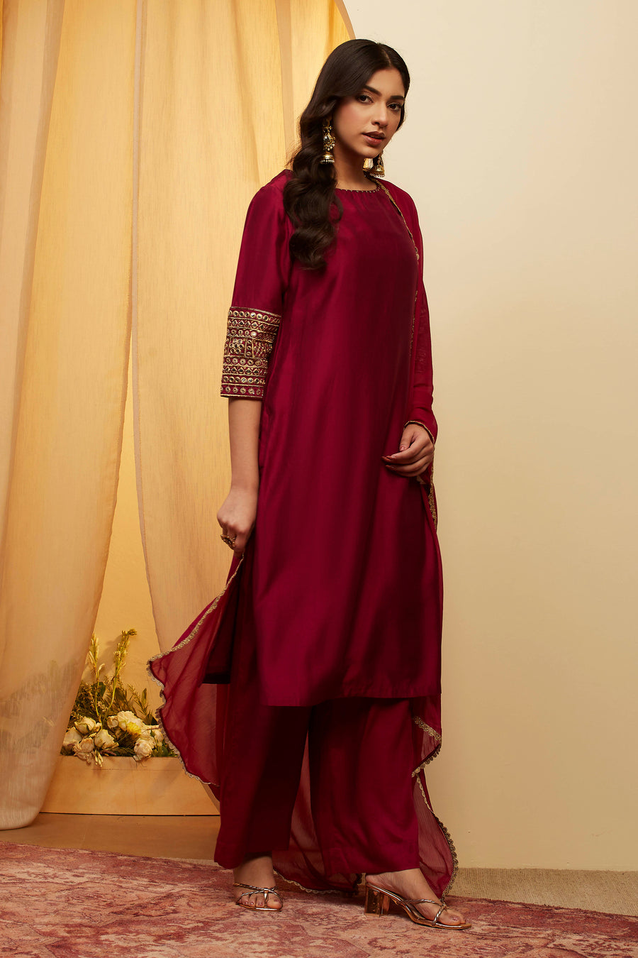 Wine Solid Straight Viscose Blend Kurta Set KS60