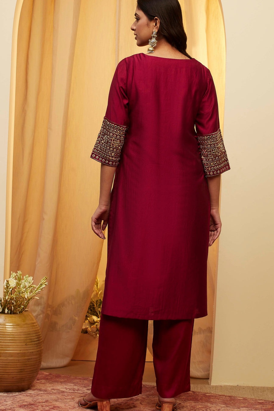 Wine Solid Straight Viscose Blend Kurta Set KS60