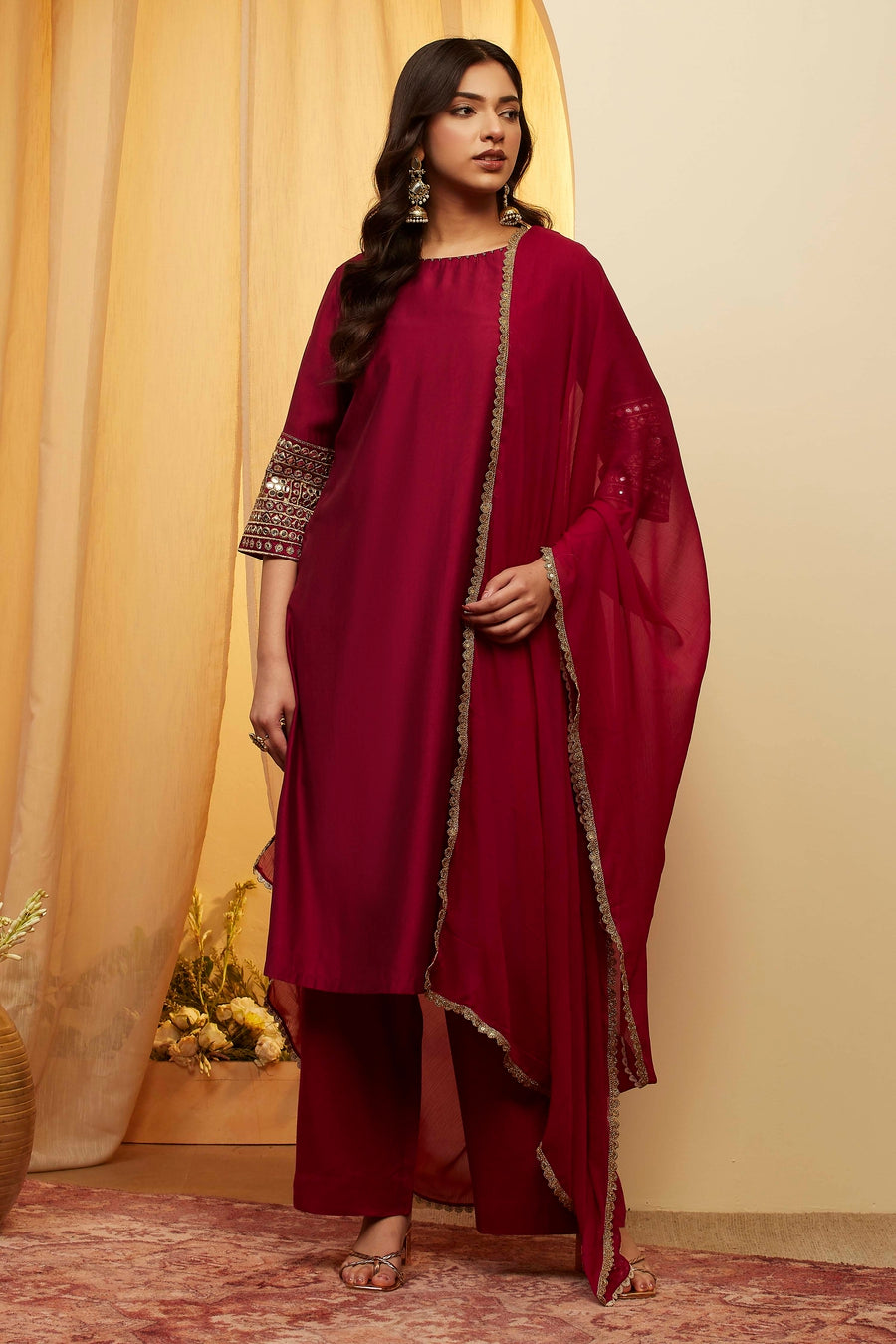 Wine Solid Straight Viscose Blend Kurta Set KS60