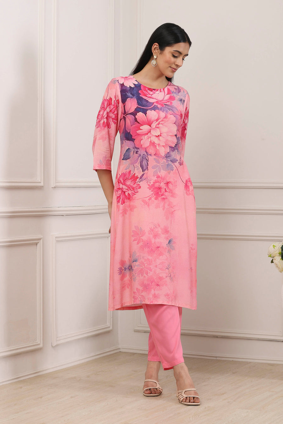 Pink Floral Printed Straight Suit Set KS60