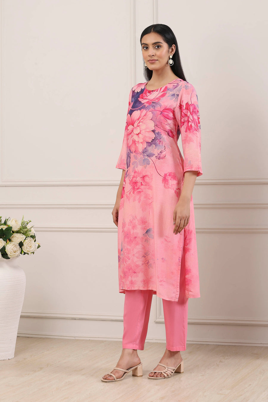 Pink Floral Printed Straight Suit Set KS60