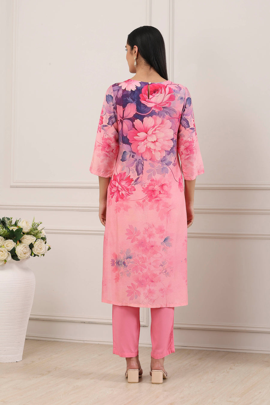 Pink Floral Printed Straight Suit Set KS60