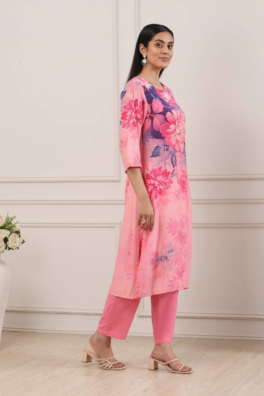 Pink Floral Printed Straight Suit Set KS60