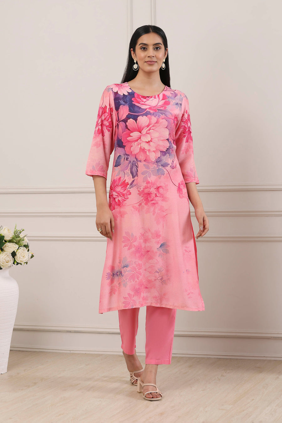 Pink Floral Printed Straight Suit Set KS60