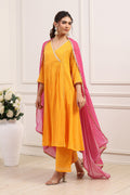 Yellow Cotton Lace Trim Embellished Anarkali Kurta Set A34