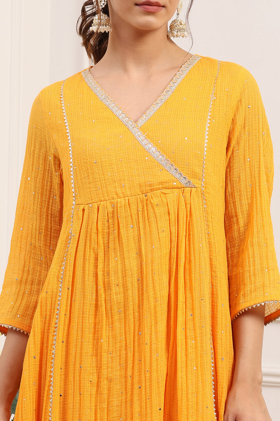 Yellow Cotton Lace Trim Embellished Anarkali Kurta Set A34
