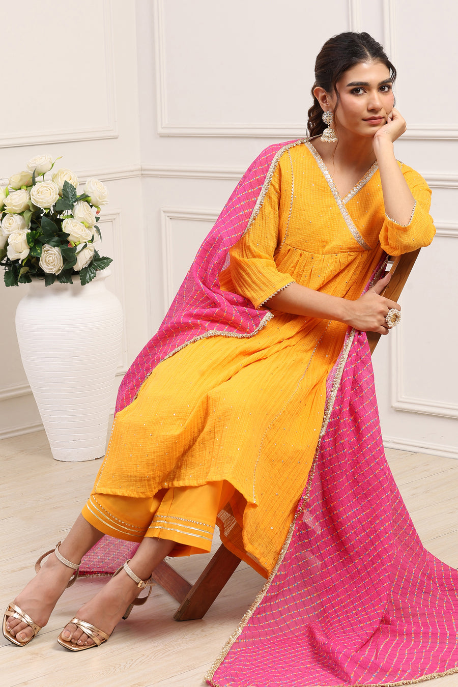 Yellow Cotton Lace Trim Embellished Anarkali Kurta Set A34