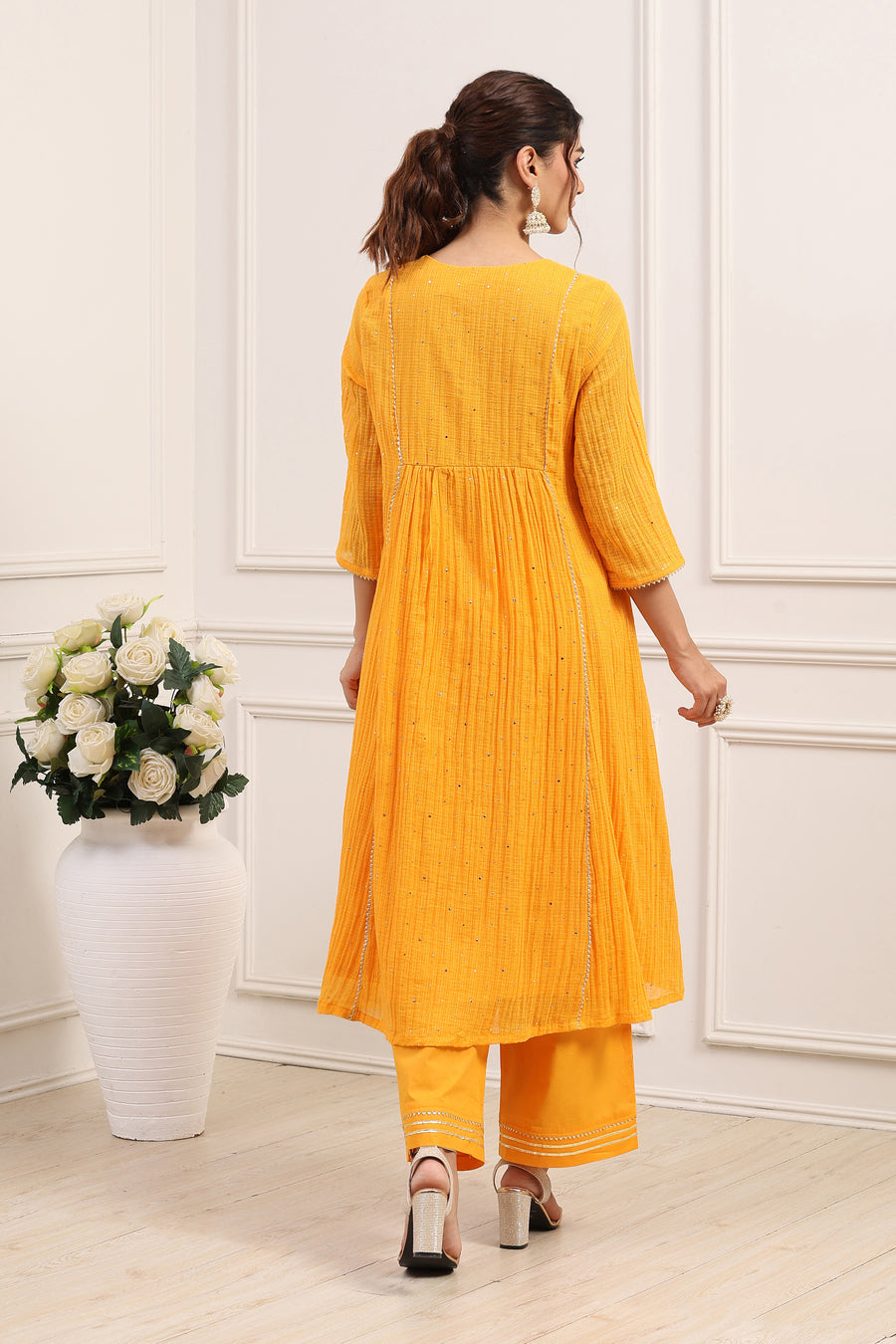 Yellow Cotton Lace Trim Embellished Anarkali Kurta Set A34