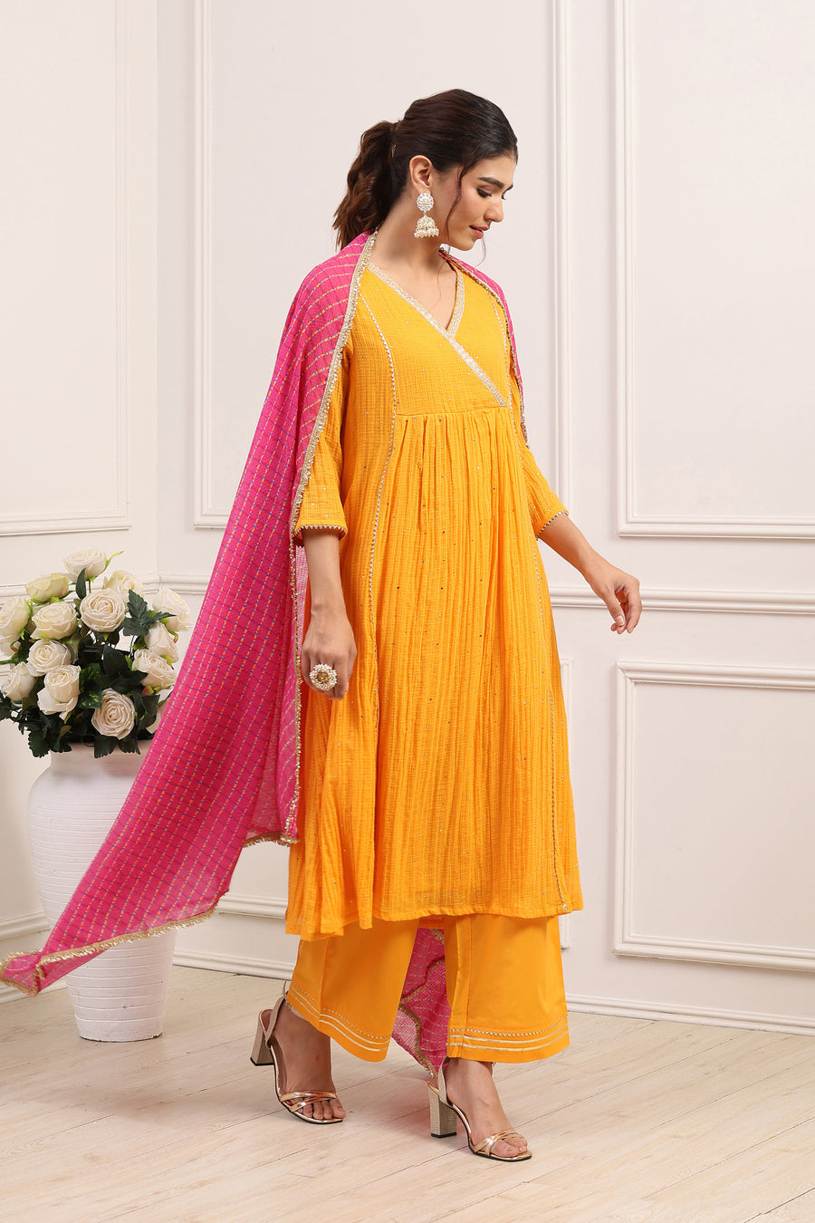 Yellow Cotton Lace Trim Embellished Anarkali Kurta Set A34