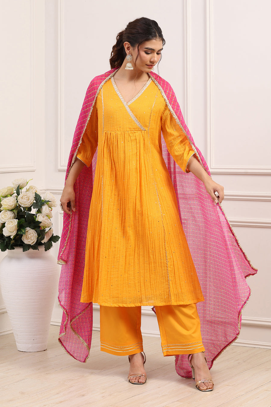 Yellow Cotton Lace Trim Embellished Anarkali Kurta Set A34
