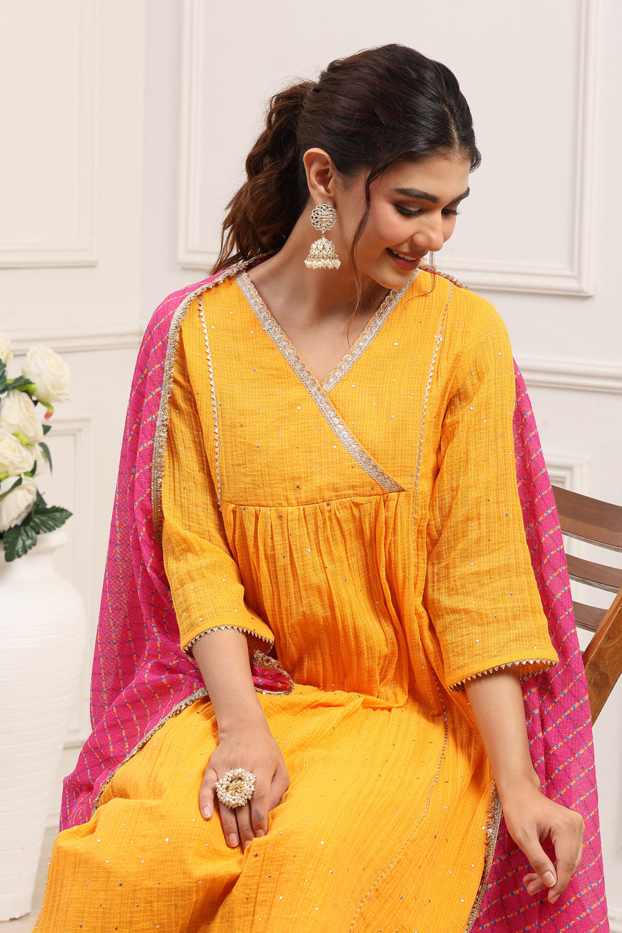 Yellow Cotton Lace Trim Embellished Anarkali Kurta Set A34