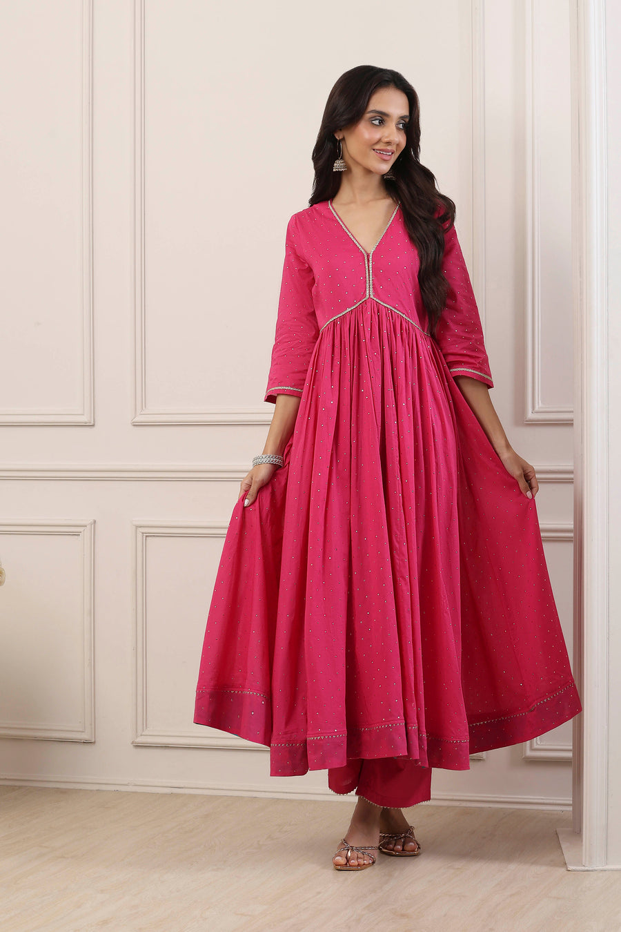 Pink Cotton Embellished Anarkali Suit Set A34