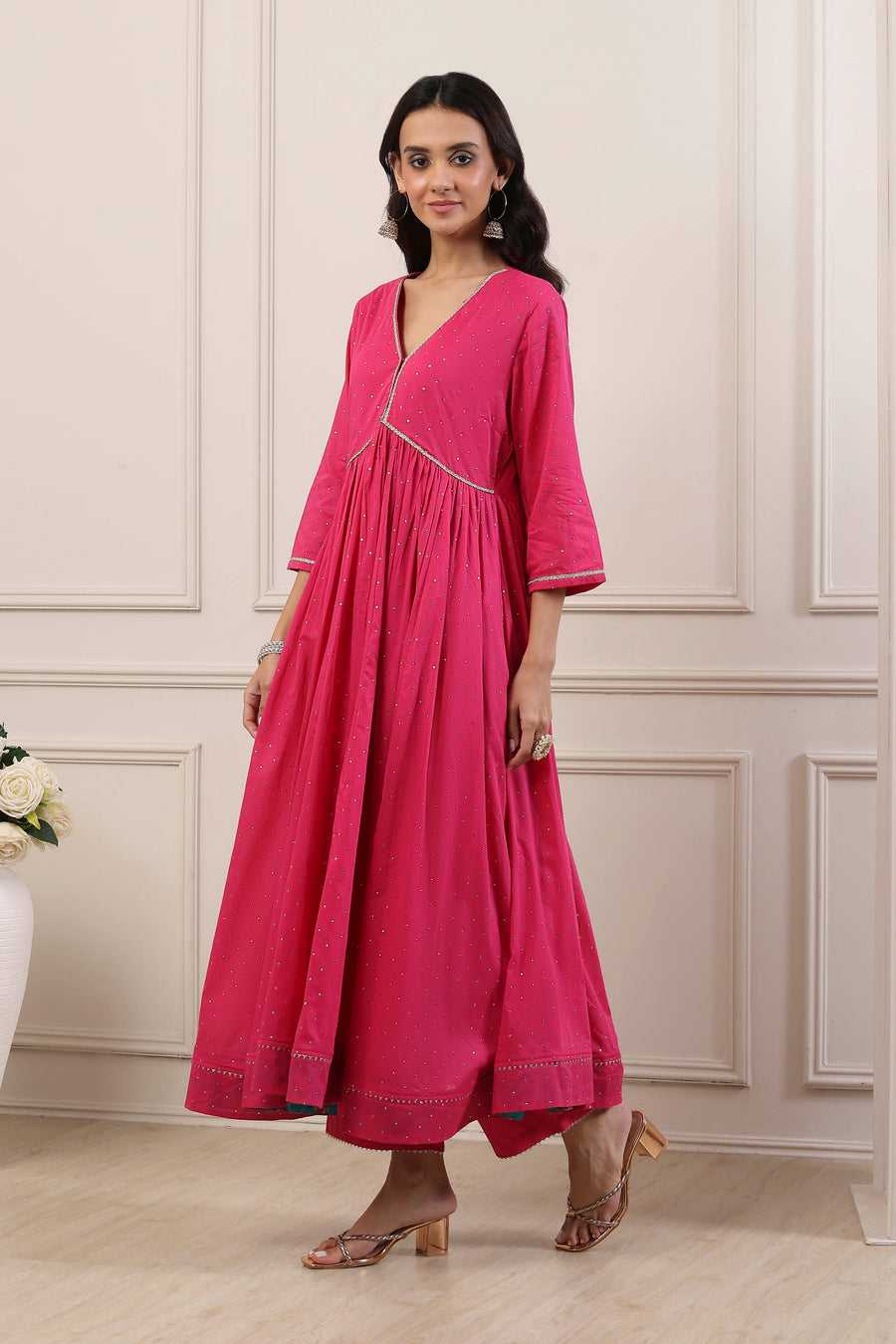 Pink Cotton Embellished Anarkali Suit Set A34
