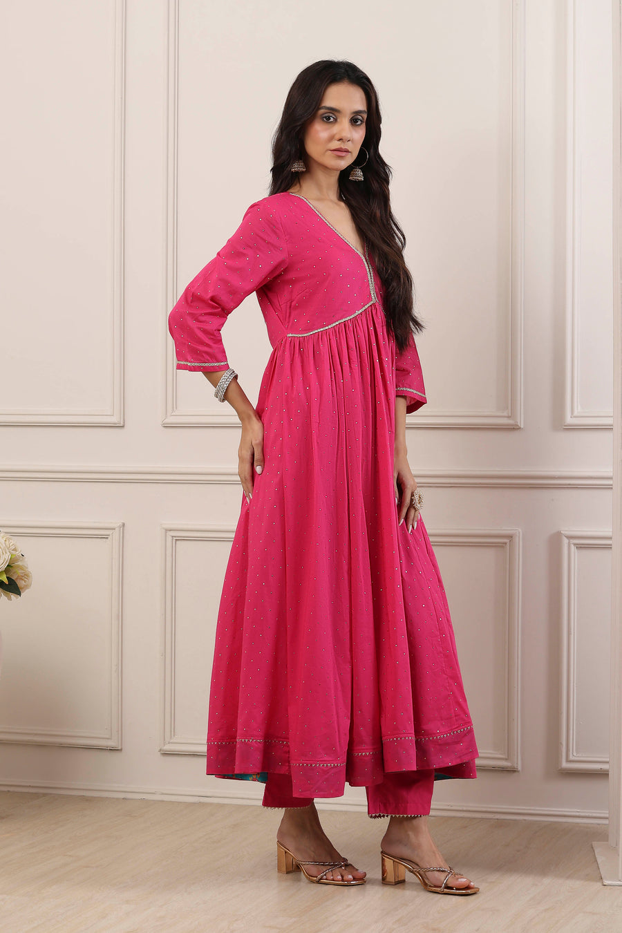 Pink Cotton Embellished Anarkali Suit Set A34