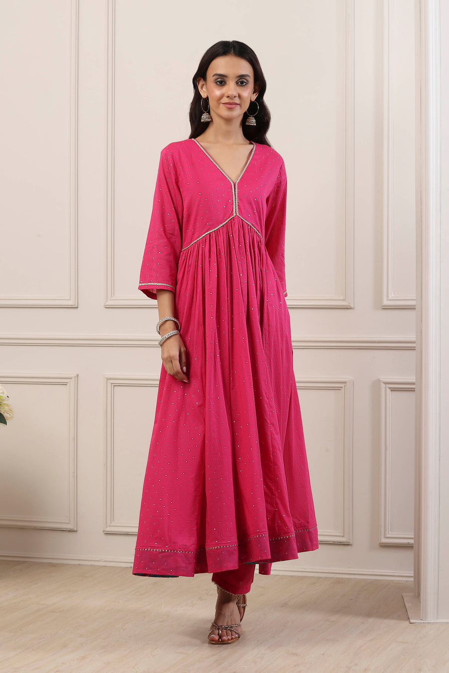 Pink Cotton Embellished Anarkali Suit Set A34