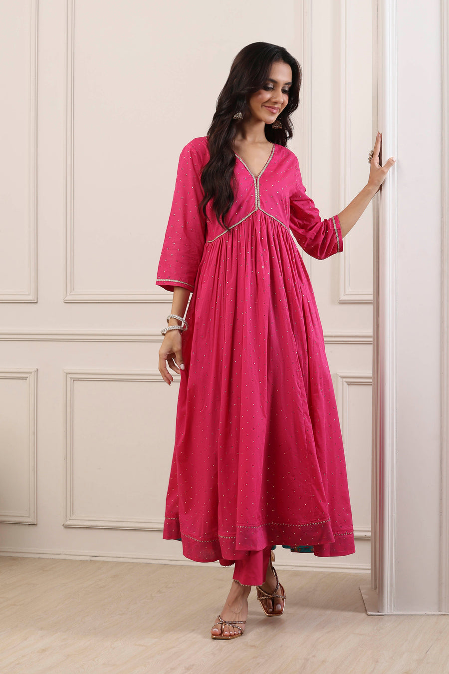 Pink Cotton Embellished Anarkali Suit Set A34