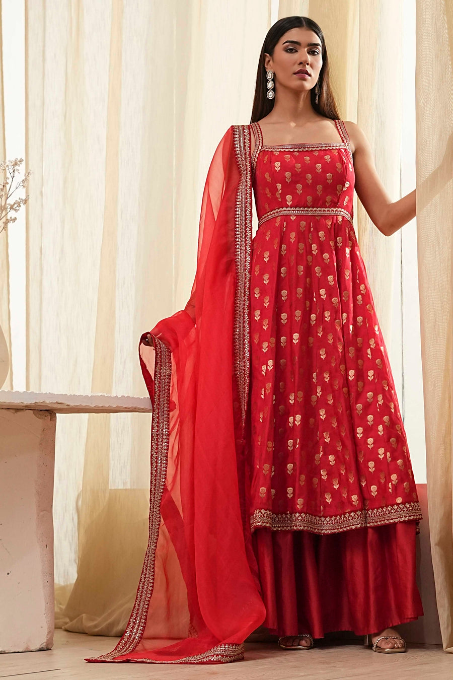 Red Yarn-Dyed Strappy Anarkali Suit Set A34