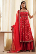 Red Yarn-Dyed Strappy Anarkali Suit Set A34