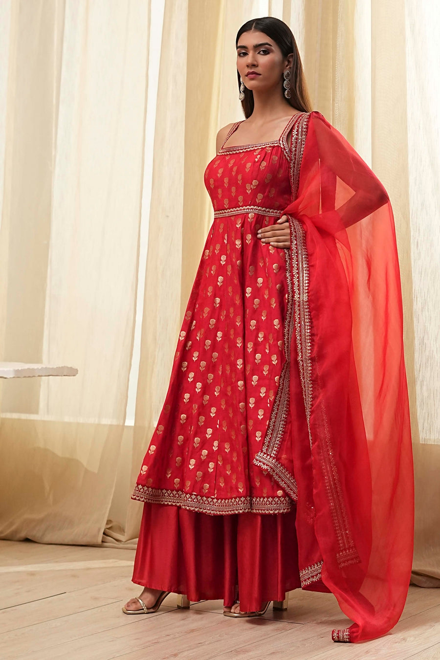Red Yarn-Dyed Strappy Anarkali Suit Set A34