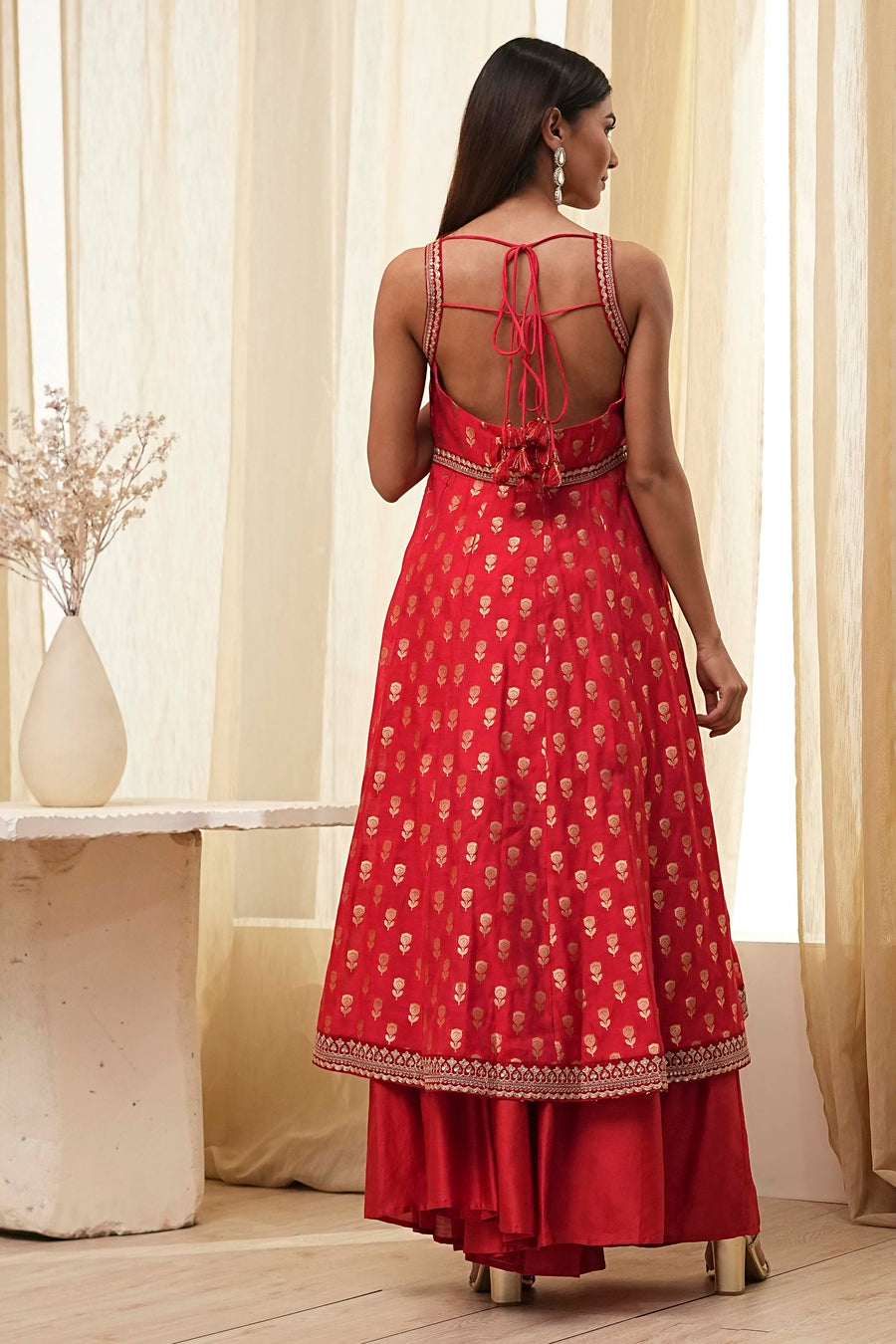 Red Yarn-Dyed Strappy Anarkali Suit Set A34