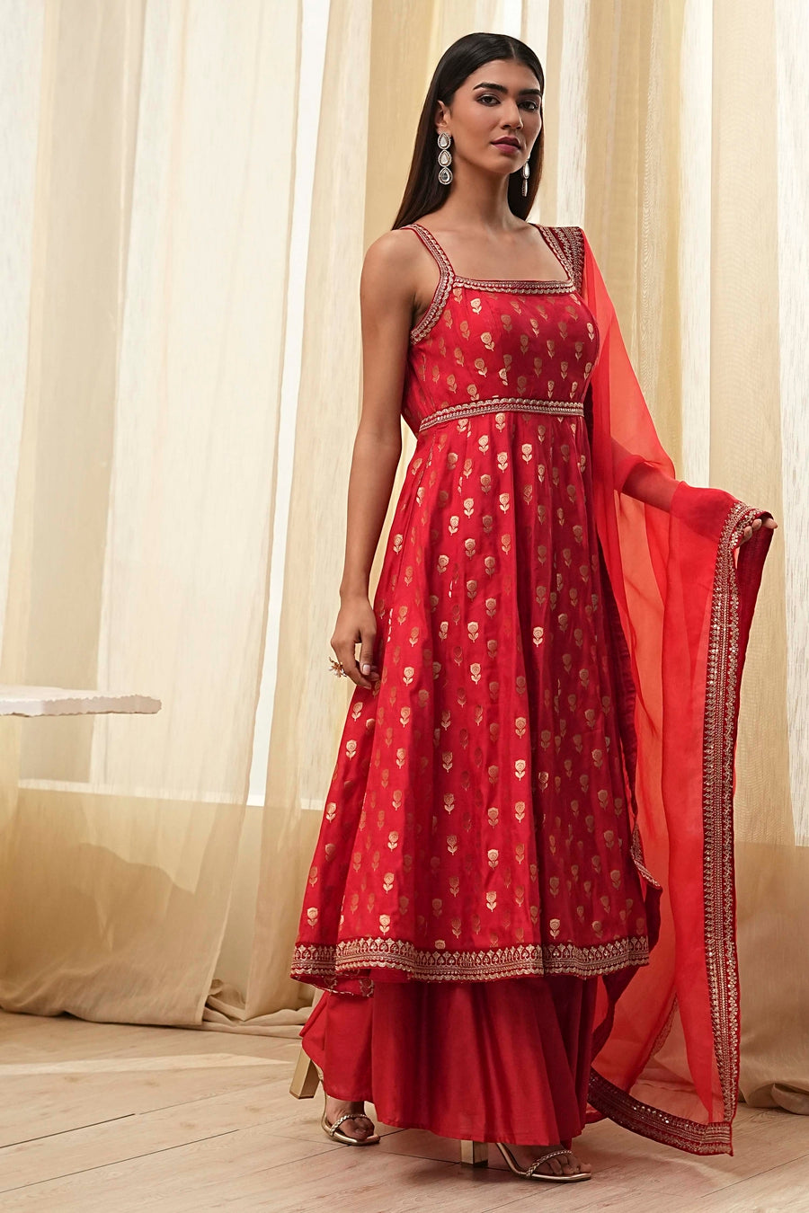Red Yarn-Dyed Strappy Anarkali Suit Set A34