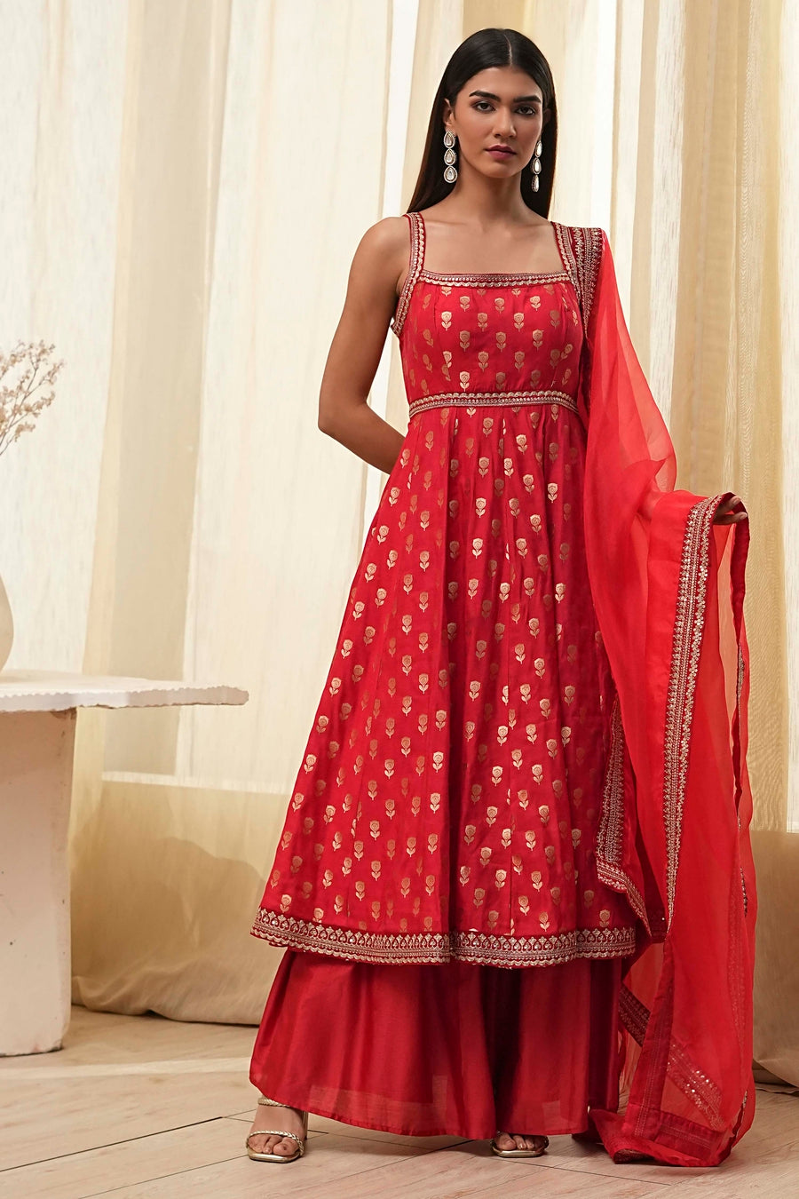 Red Yarn-Dyed Strappy Anarkali Suit Set A34