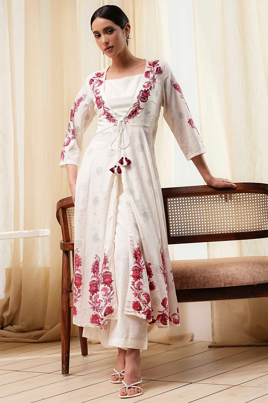 Off-White and Red Anarkali Fusion Set A34