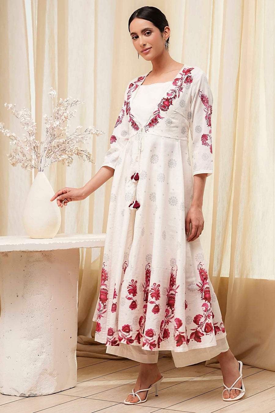 Off-White and Red Anarkali Fusion Set A34
