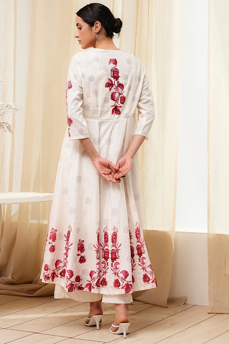Off-White and Red Anarkali Fusion Set A34