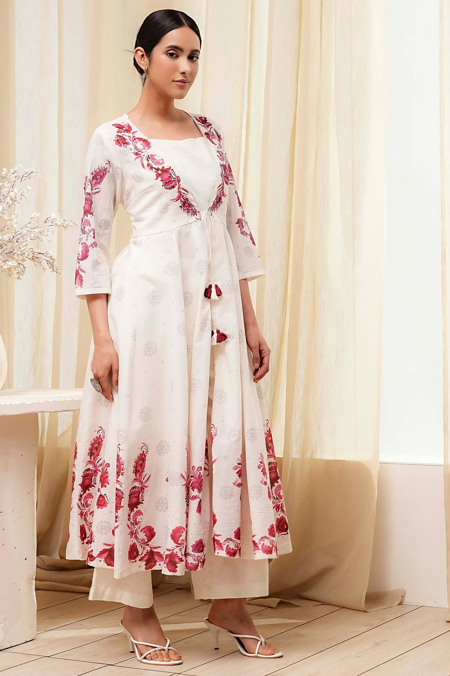 Off-White and Red Anarkali Fusion Set A34