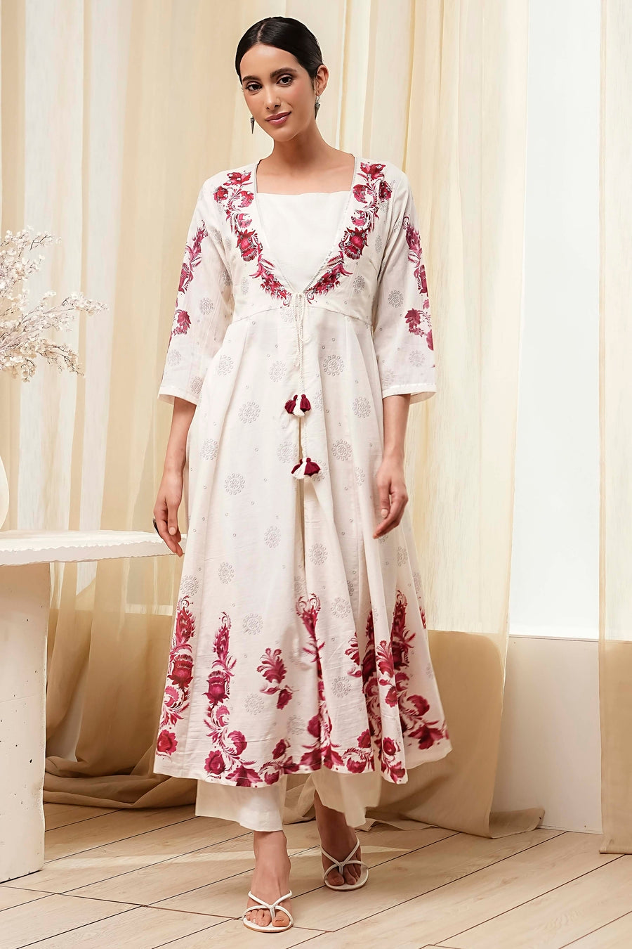 Off-White and Red Anarkali Fusion Set A34