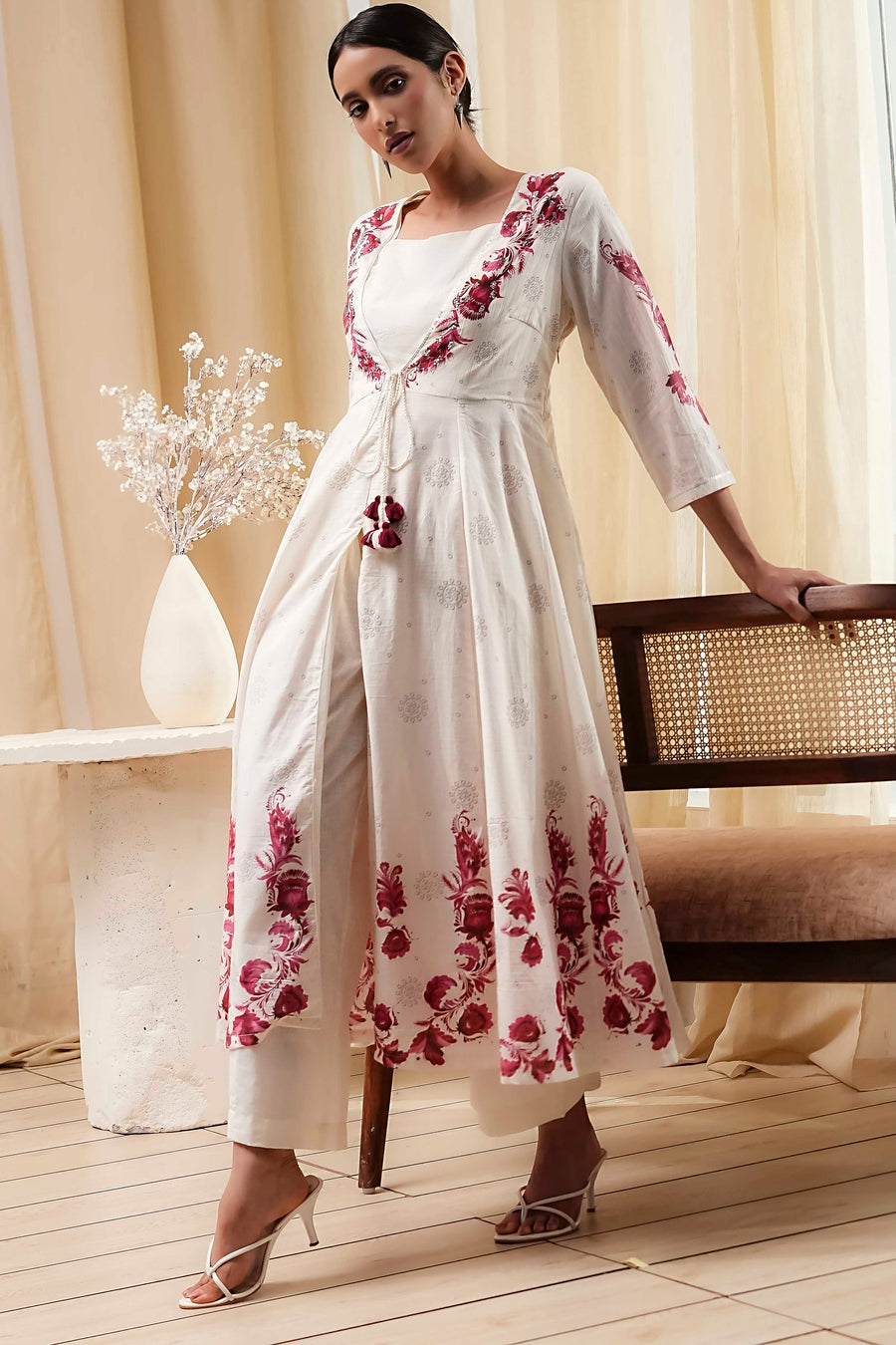 Off-White and Red Anarkali Fusion Set A34