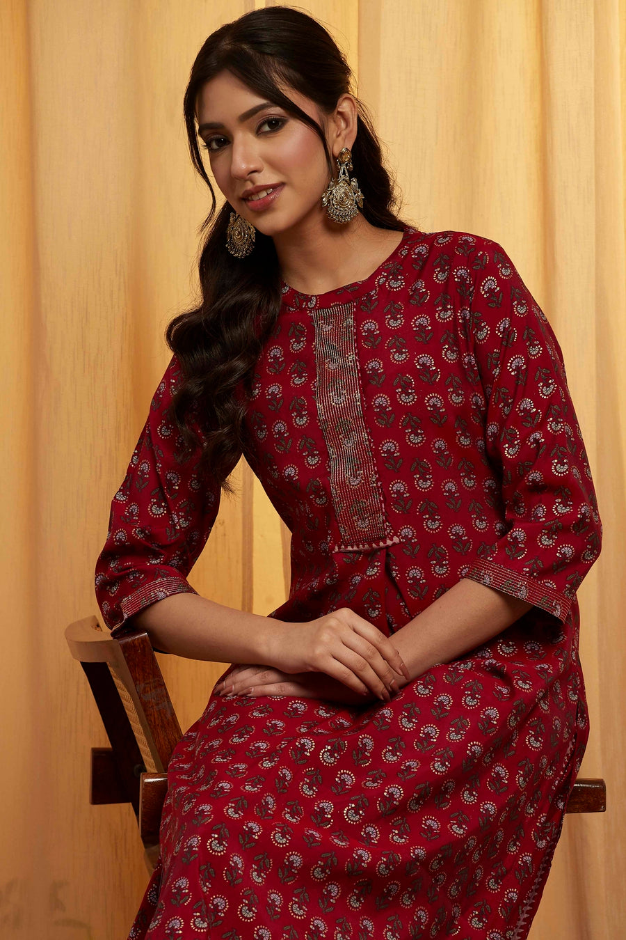 Maroon Floral Printed Straight Kurta Set KS60