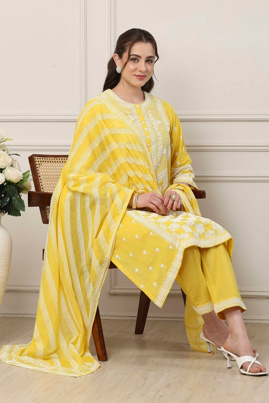 Yellow Cotton Floral Embroidered Straight Suit Set KS60