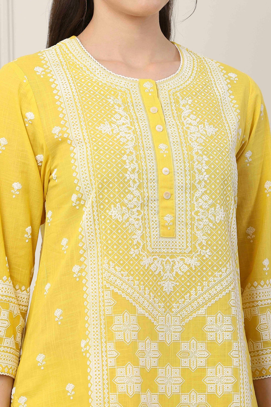 Yellow Cotton Floral Embroidered Straight Suit Set KS60