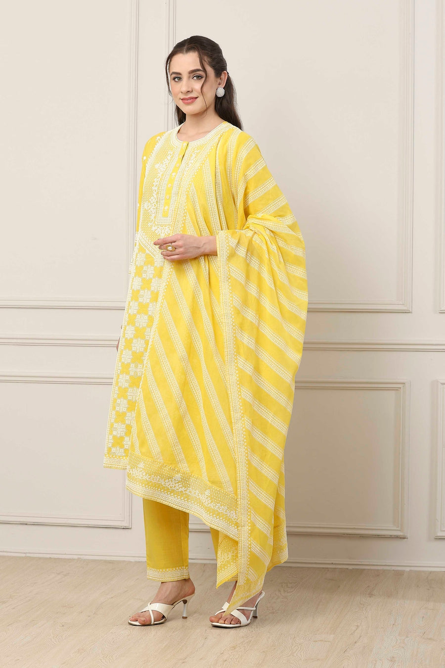Yellow Cotton Floral Embroidered Straight Suit Set KS60