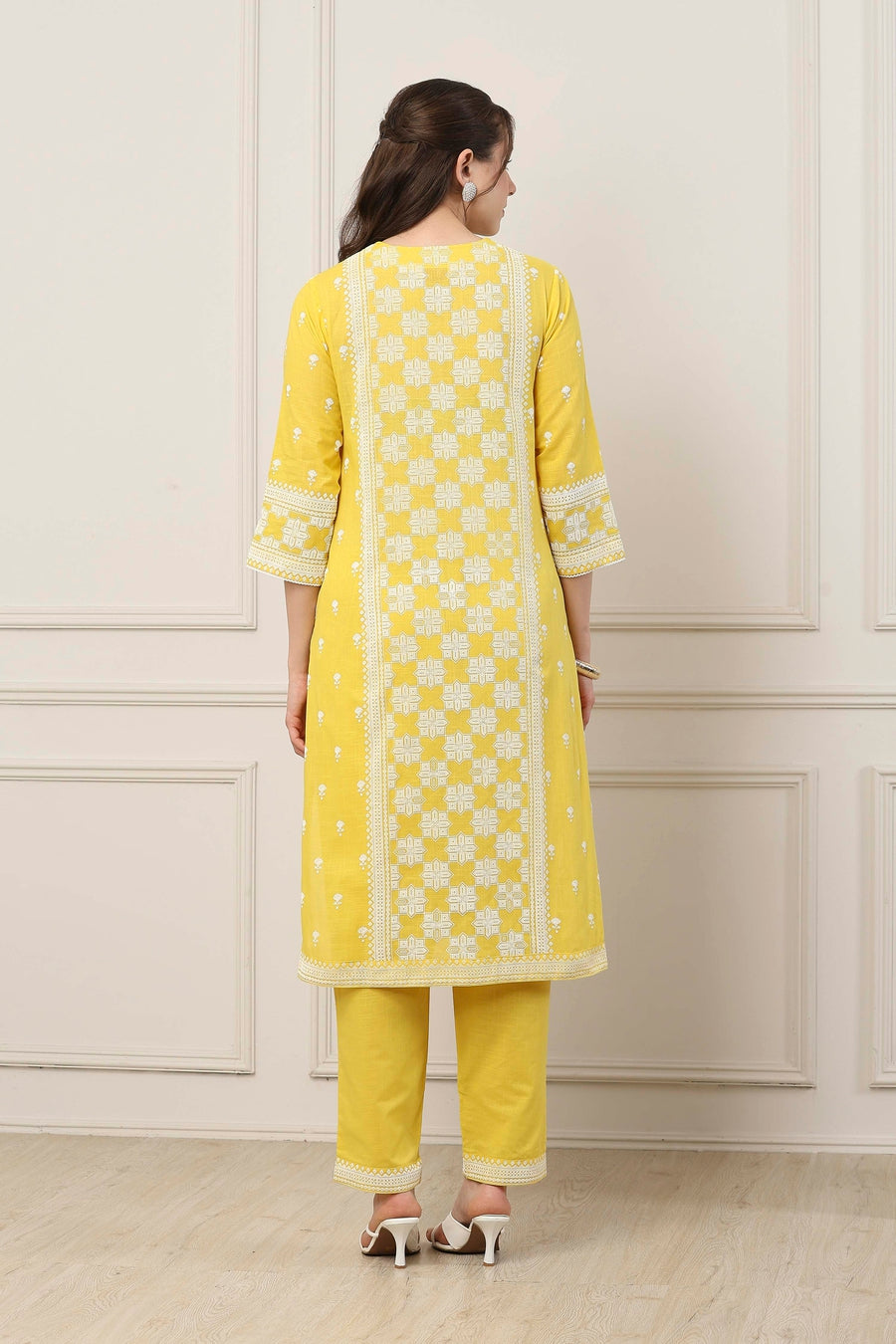 Yellow Cotton Floral Embroidered Straight Suit Set KS60