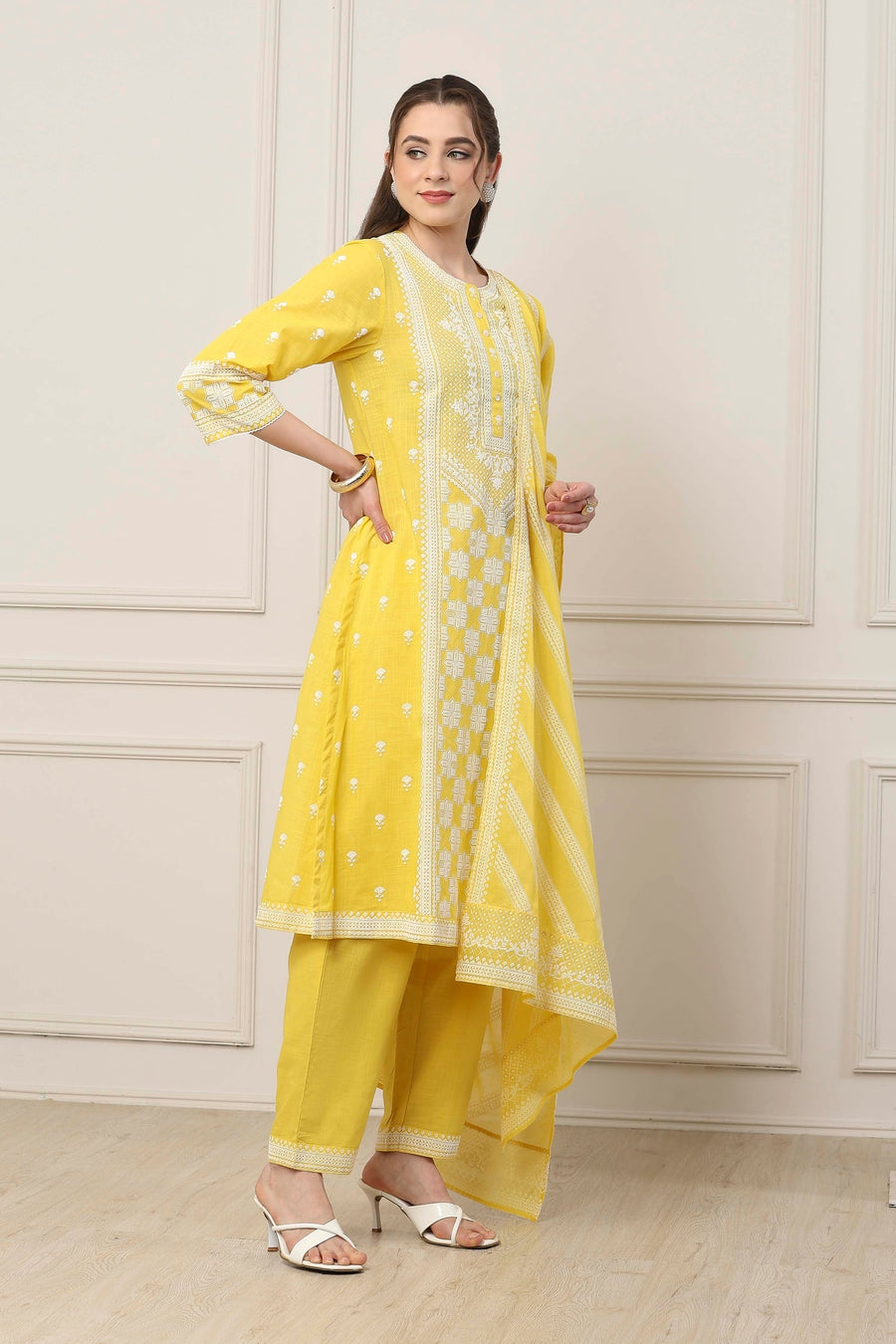 Yellow Cotton Floral Embroidered Straight Suit Set KS60
