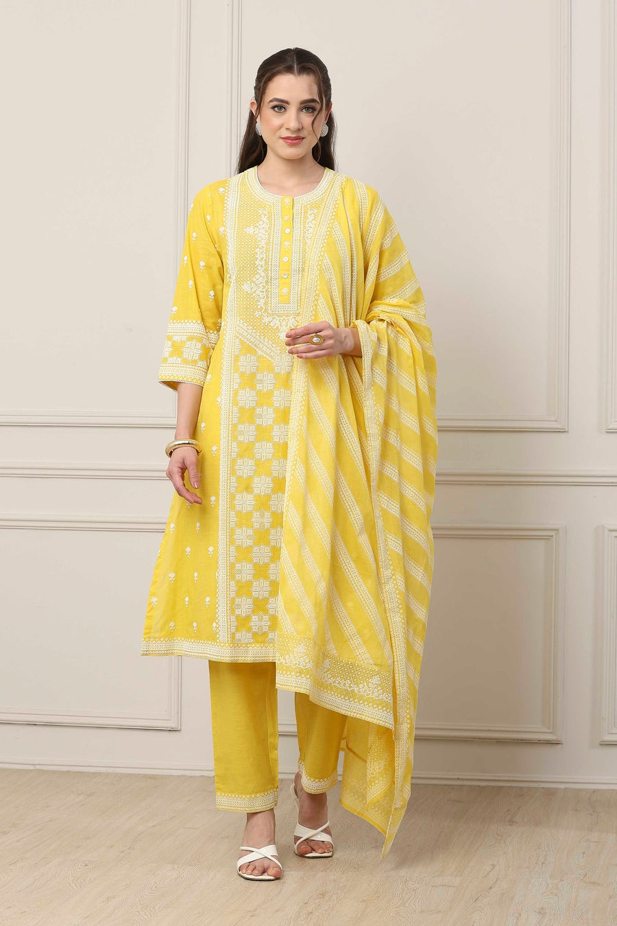 Yellow Cotton Floral Embroidered Straight Suit Set KS60