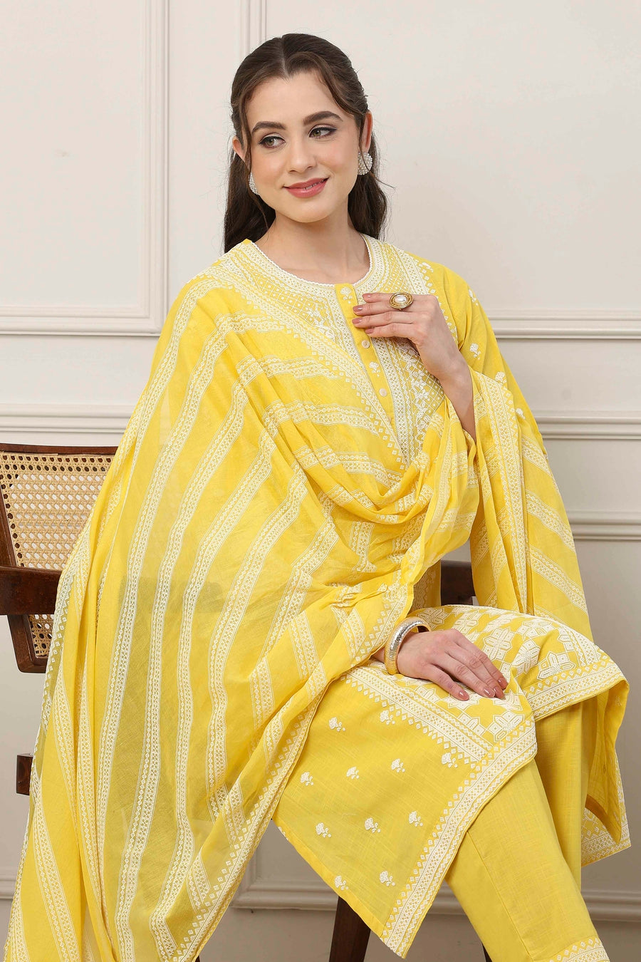 Yellow Cotton Floral Embroidered Straight Suit Set KS60