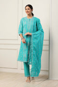 Turquoise Blue Cotton Ethnic Motif Printed Straight Suit Set KS60