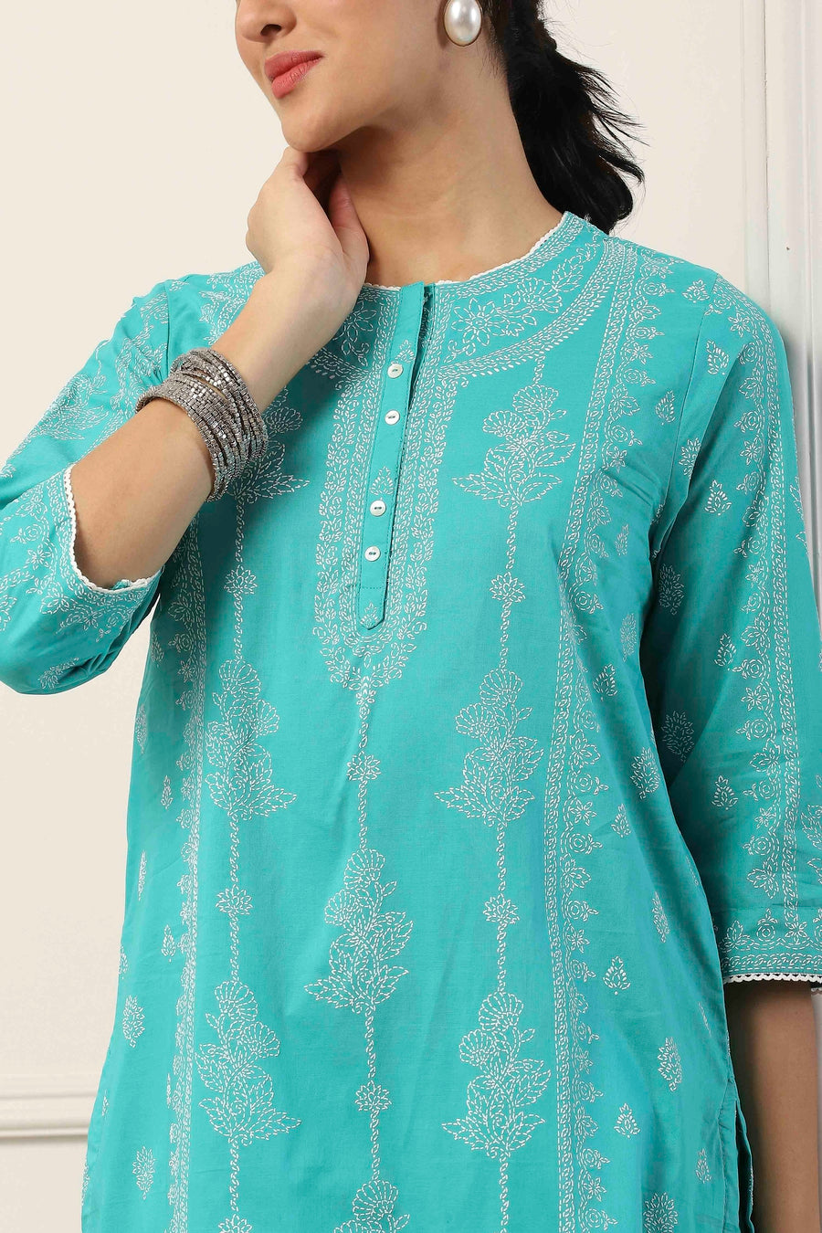 Turquoise Blue Cotton Ethnic Motif Printed Straight Suit Set KS60