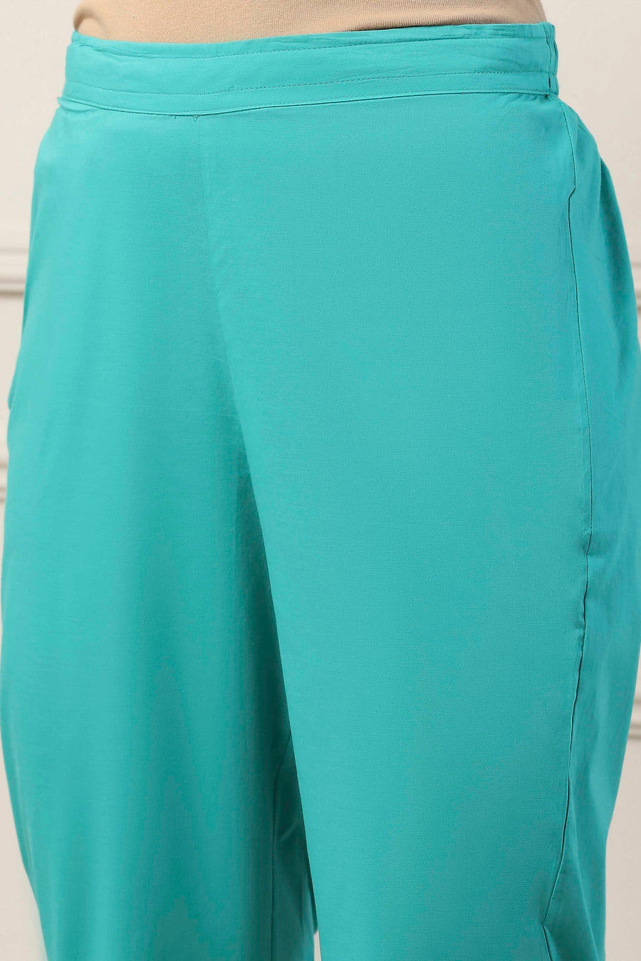 Turquoise Blue Cotton Ethnic Motif Printed Straight Suit Set KS60