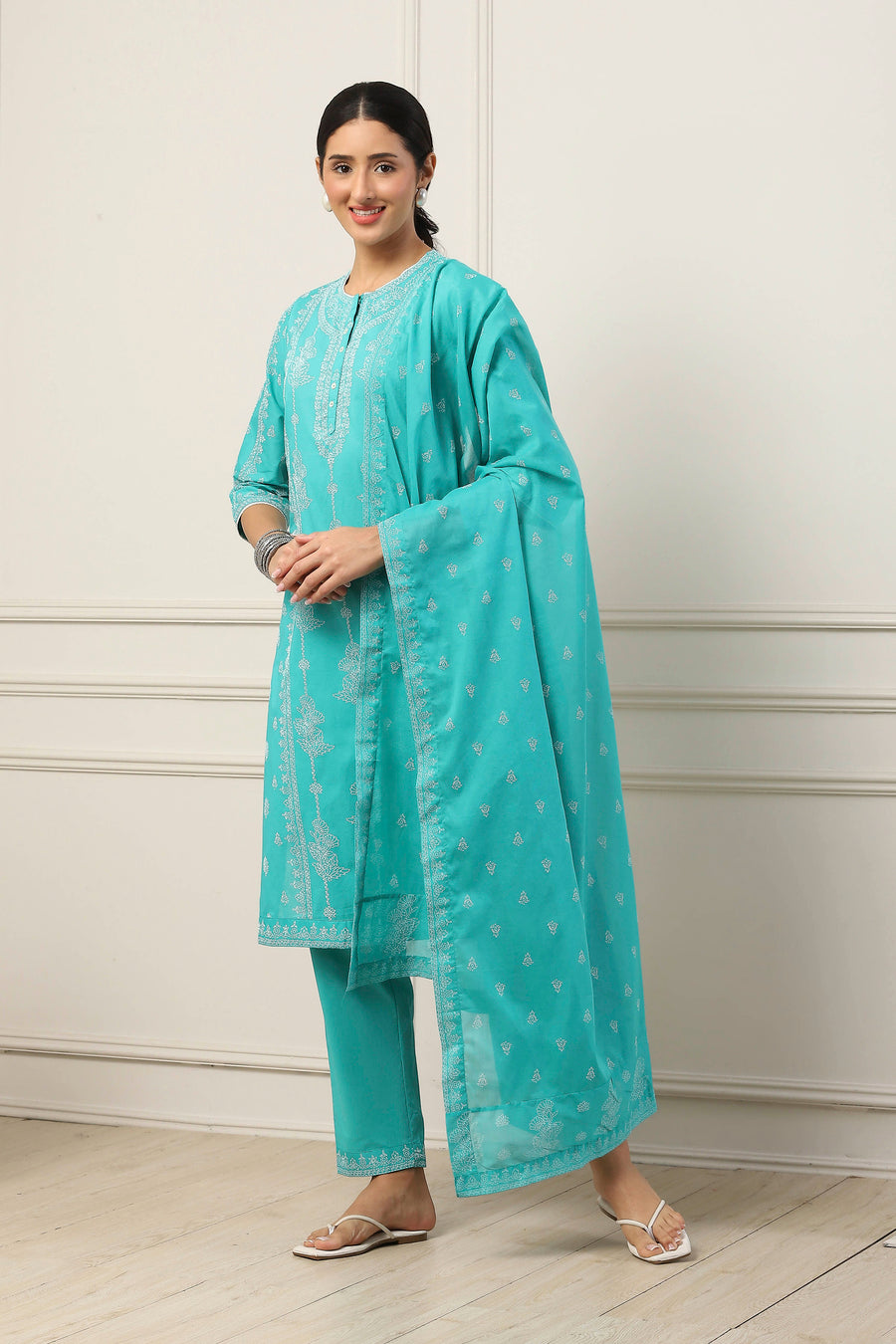 Turquoise Blue Cotton Ethnic Motif Printed Straight Suit Set KS60