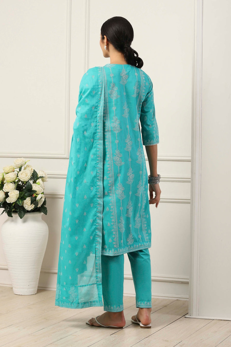 Turquoise Blue Cotton Ethnic Motif Printed Straight Suit Set KS60