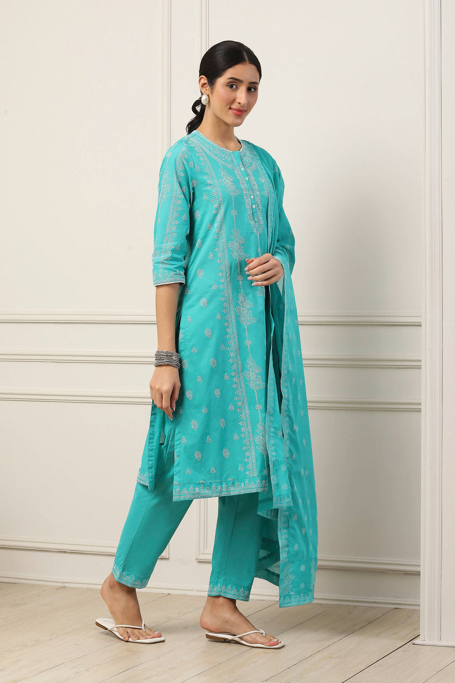 Turquoise Blue Cotton Ethnic Motif Printed Straight Suit Set KS60