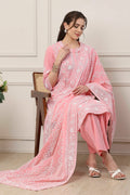 Pink & White Cotton Floral Printed Straight Suit Set KS60