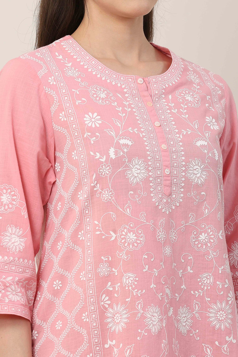 Pink & White Cotton Floral Printed Straight Suit Set KS60
