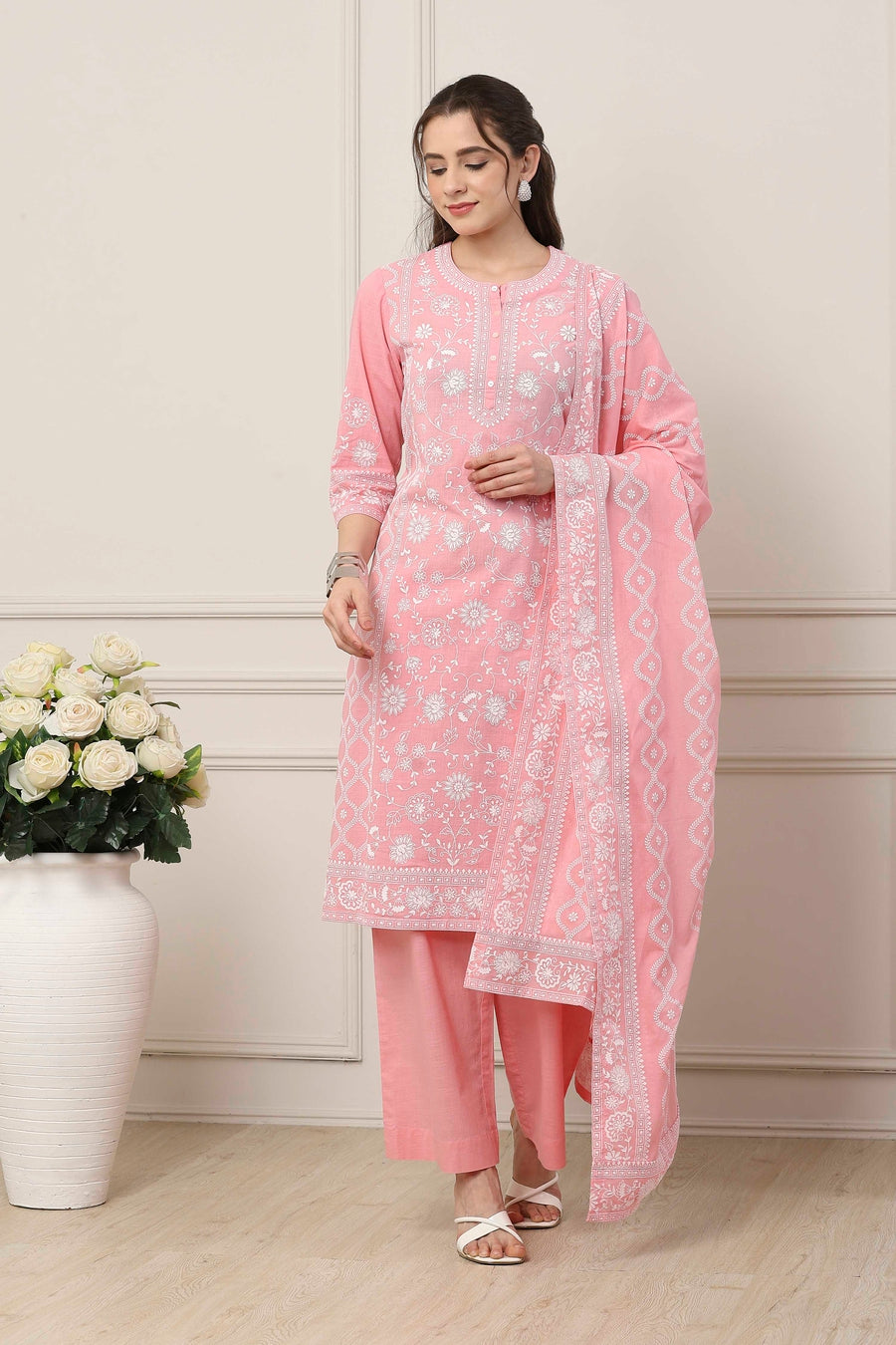 Pink & White Cotton Floral Printed Straight Suit Set KS60